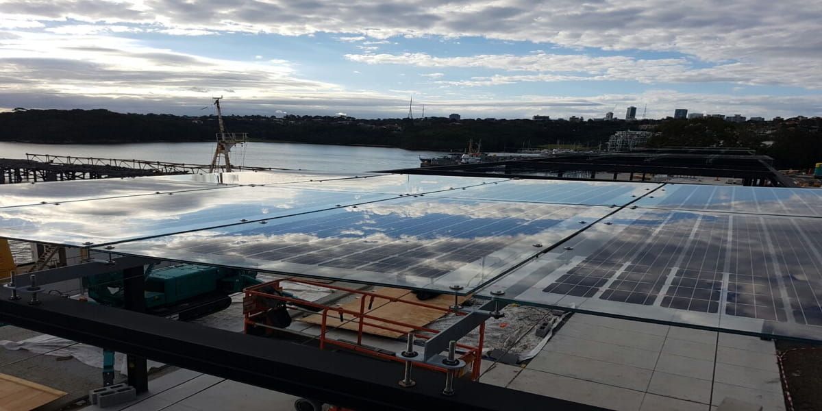 Exterior details of The Coal Loader canopy incorporating Crystalline Silicon Photovoltaic Technology Glass by Onyx Solar