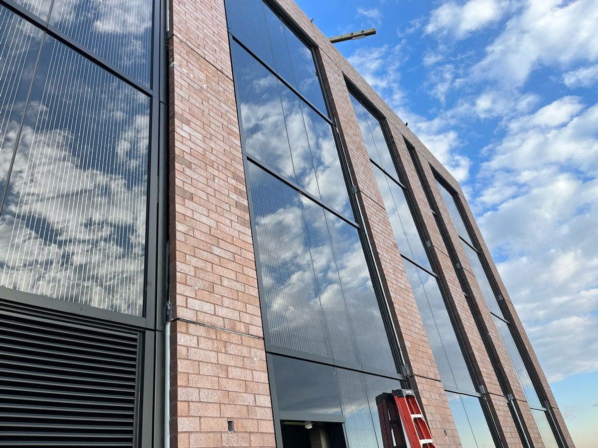 Exterior details of Budsite North façade incorporating Crystalline Silicon Photovoltaic Technology Glass by Onyx Solar