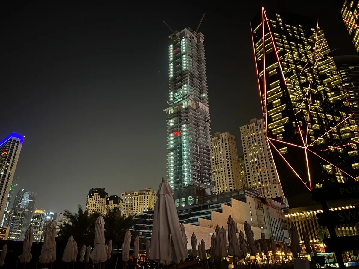 Night view of Sensoria Tower building incorporating Crystalline Silicon Photovoltaic Technology Glass by Onyx Solar