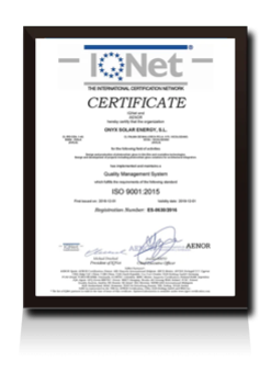 Certificate ISO 9001 IQNET Onyx Solar