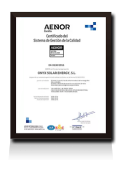 Certificate ISO 9001 AENOR Onyx Solar