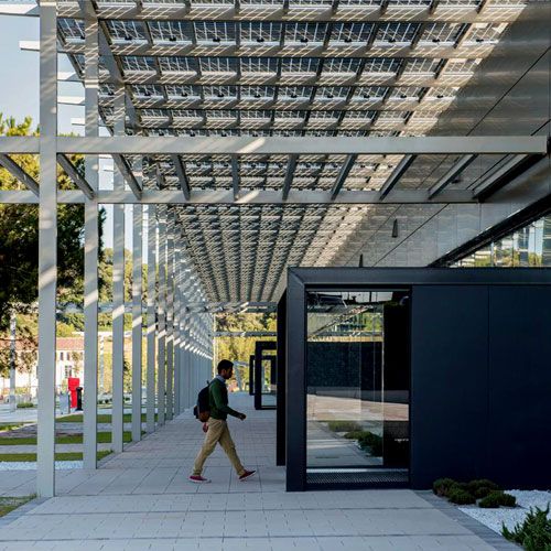 Image of a building canopy made with photovoltaic glass