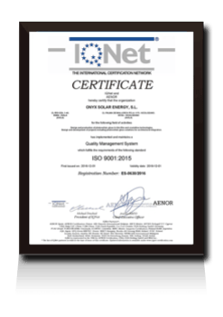 Certificate ISO 9001 IQNET Onyx Solar