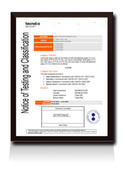 Tecnalia Test Report of Onyx Solar Laminated glass made of two sheets of heat strengthened glass of 4 mm with PVB