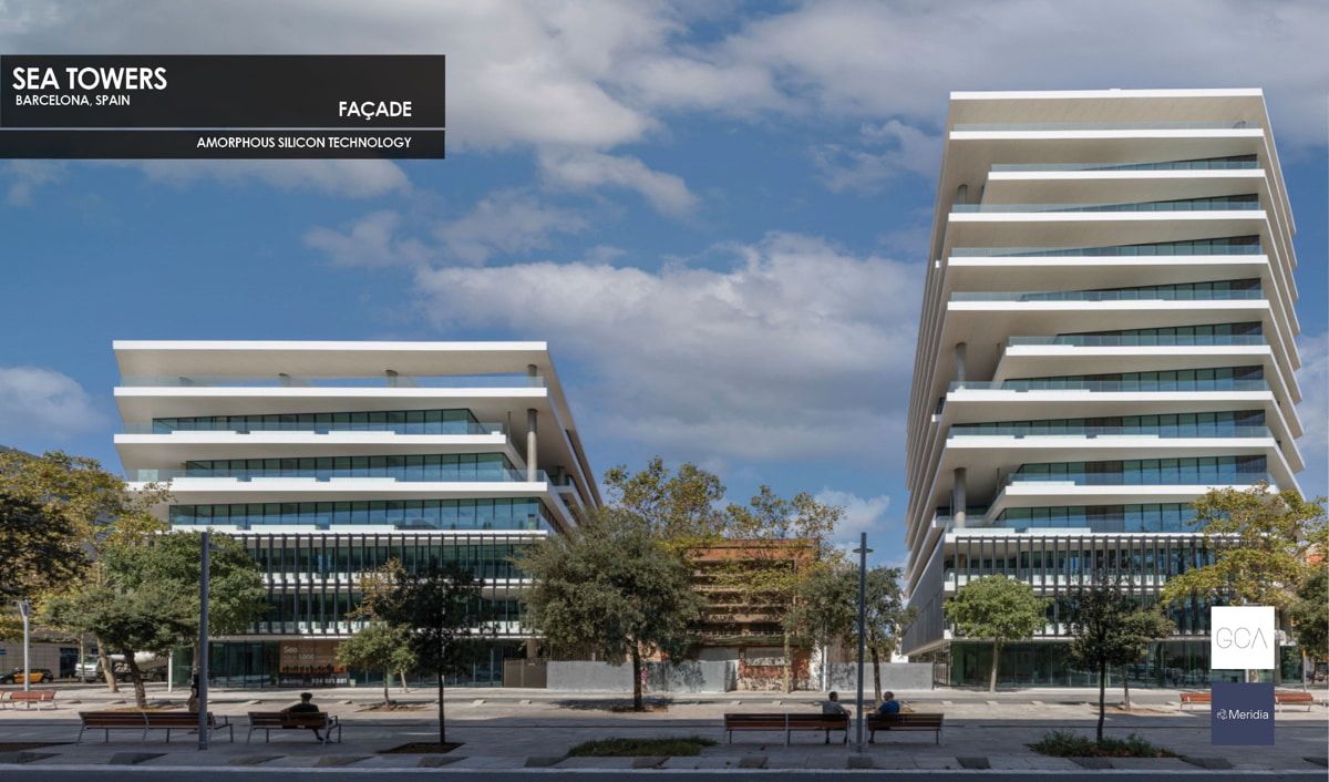 Sea Towers Façade incoporating Amorphous Silicon Photovoltaic Technology Glass by Onyx Solar