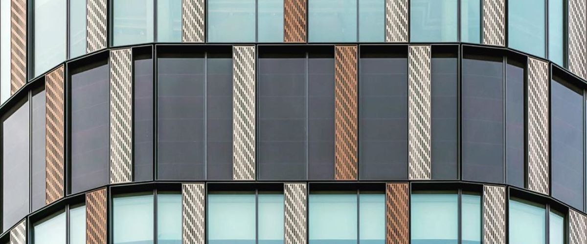 Outside Details of Twin City Center Façade incorporating Amorphous Silicon Photovoltaic Technology Glass by Onyx Solar