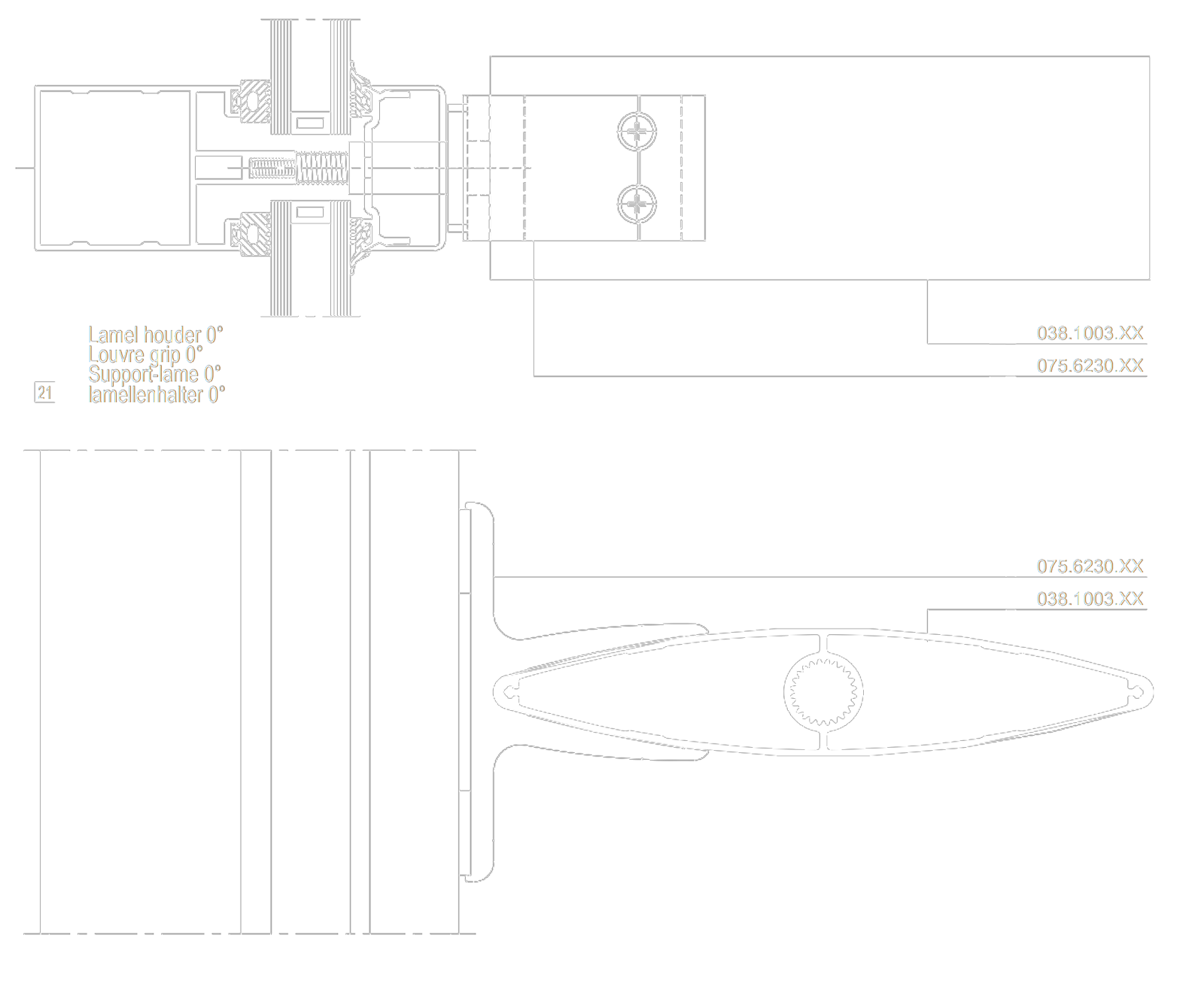 Technical constructive details of Reynaers BS 100 fixed louvers in a vertical plane