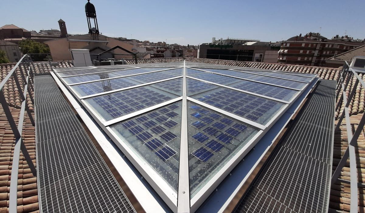 Exterior details of Linares City Hall skylight incorporating Crystalline Silicon Photovoltaic Technology Glass by Onyx Solar