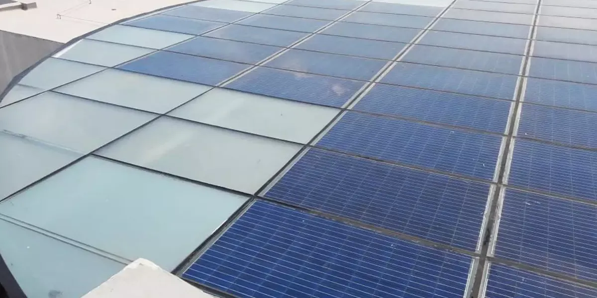 Exterior view of Water Treatment Plant canopy featuring Crystalline Silicon Photovoltaic Technology Glass by Onyx Solar