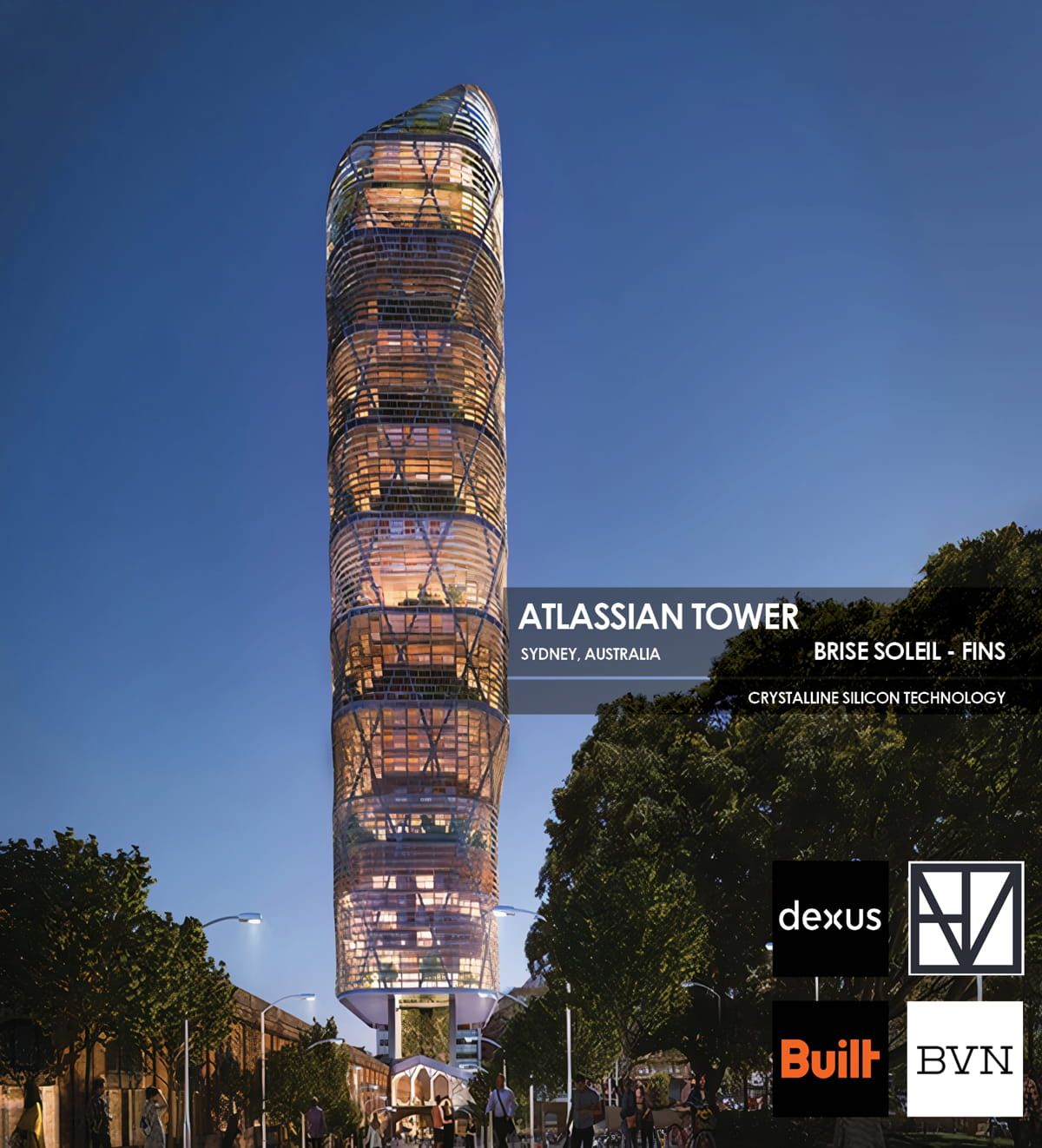Atlassian Tower façade with Brise Soleils featuring Crystalline Silicon Photovoltaic Technology glass by Onyx Solar