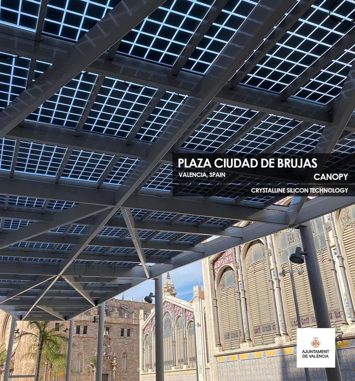 Plaza Ciudad de Brujas Canopy incorporating Crystalline Silicon Photovoltaic Technology Glass by Onyx Solar