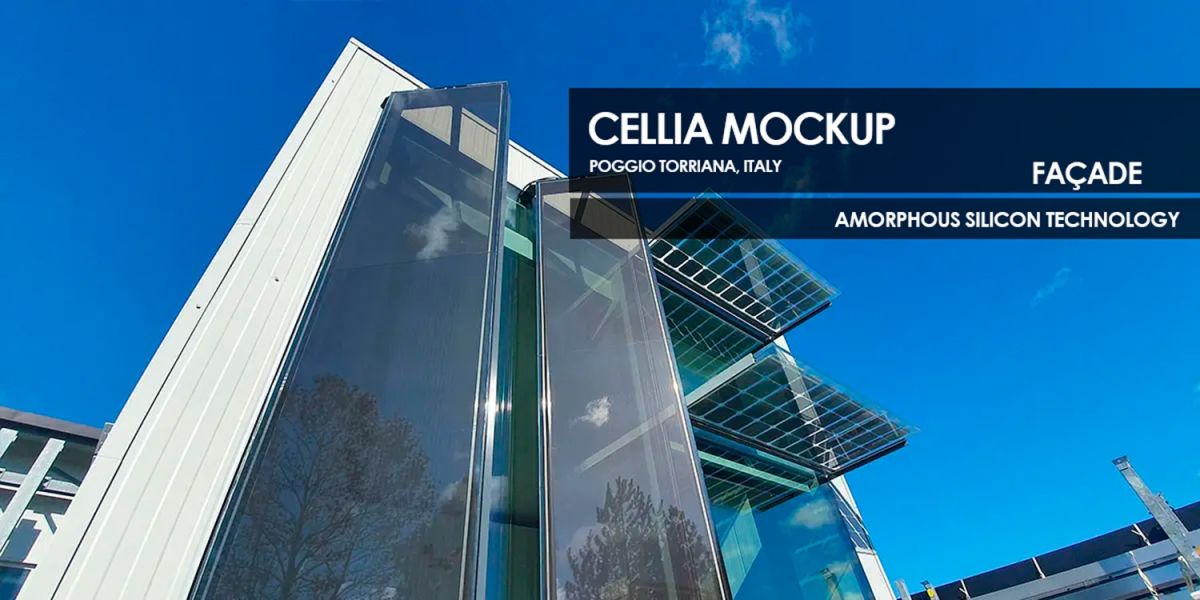 Cellia Mockup façade featuring Amorphous Silicon Photovoltaic Technology Glass by Onyx Solar