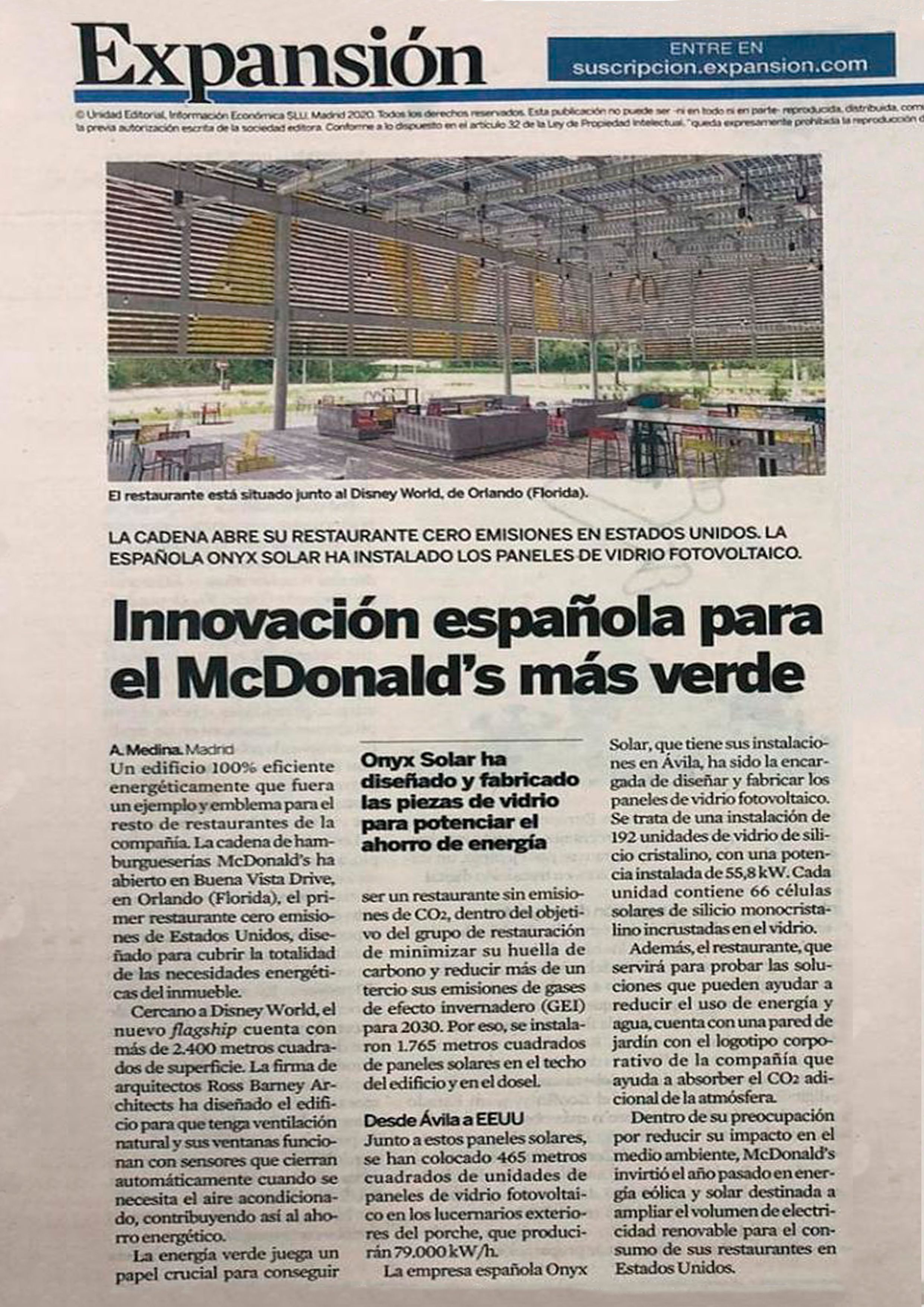 Expansión Newspaper article about the installation of Onyx Solar Photovoltaic Glass on MacDonald´s in Orlando