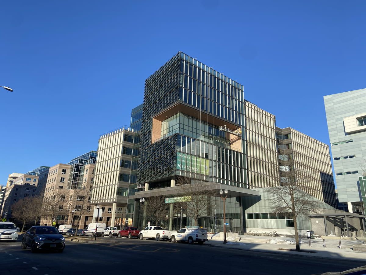 Overview of George Mason University building with Brise Soleils featuring Amorphous Silicon Photovoltaic Technology glass by Onyx Solar