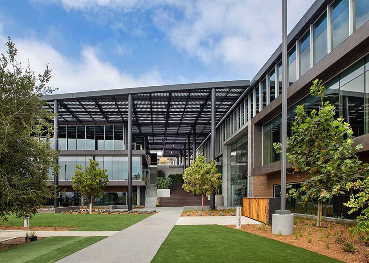 Exterior view of Healthpeak Campus canopy incorporating Crystalline Silicon Photovoltaic Technology Glass by Onyx Solar