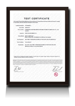 Certification document of Onyx Solar Amorphous Silicon Photovoltaic Technology Glass