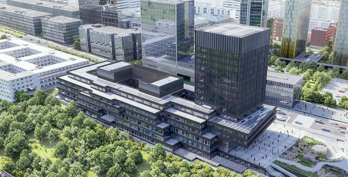 Render of the European Investment Bank with a façade featuring Crystalline Silicon Photovoltaic Technology glass by Onyx Solar