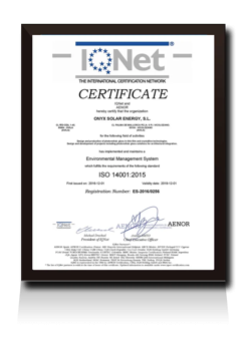 Certificate ISO 14001 IQNET Onyx Solar