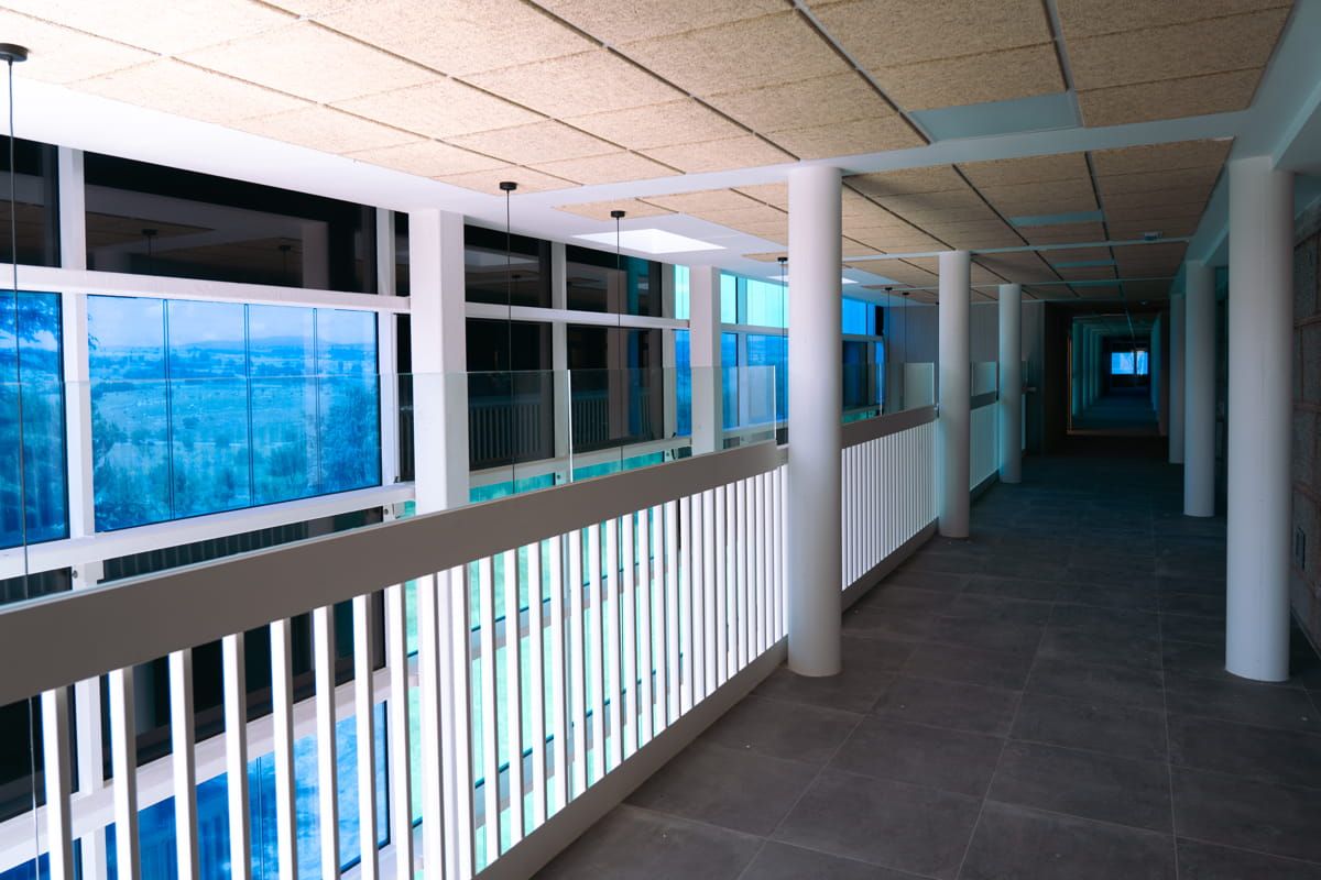 Interior view of UCAV Labs façade featuring Crystalline and Amorphous Silicon Photovoltaic Technology Glass by Onyx Solar