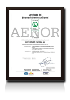 Certificate ISO 14001 AENOR Onyx Solar