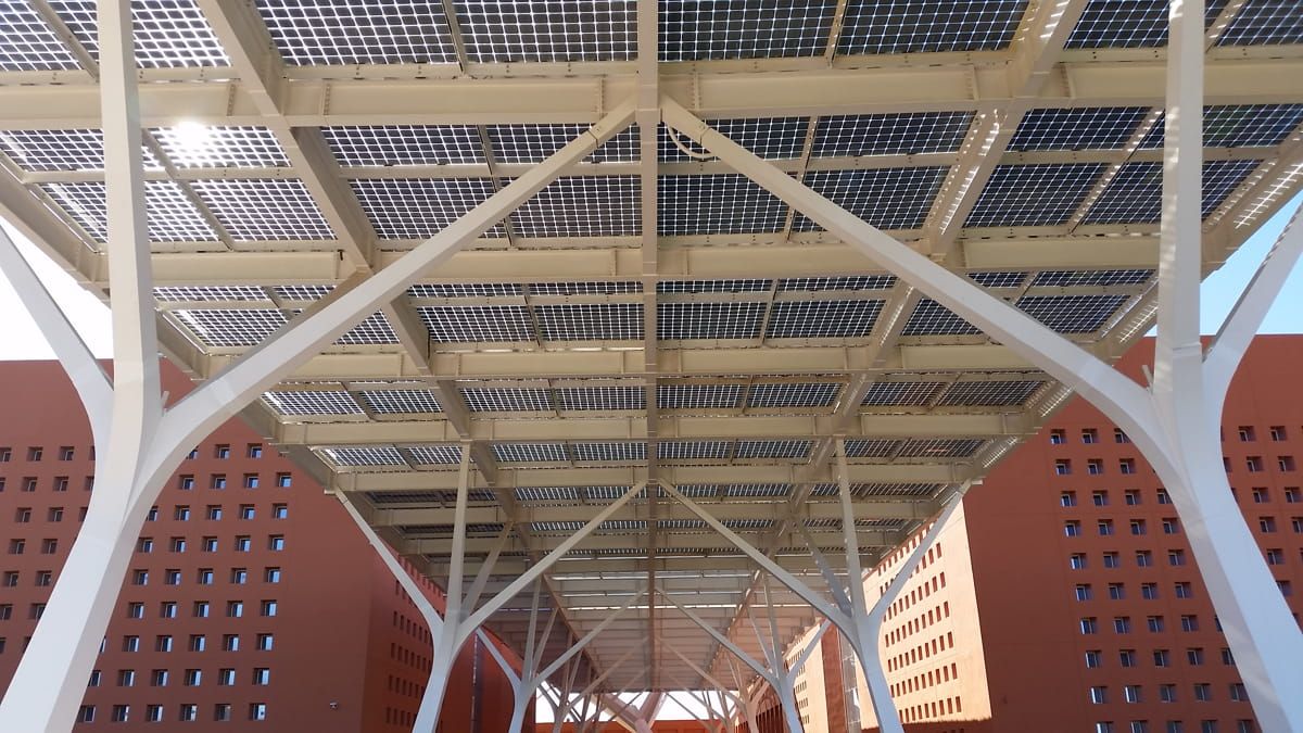 Interior view of Mohammed VI University canopy  incorporating Crystalline Silicon Photovoltaic Technology Glass by Onyx Solar