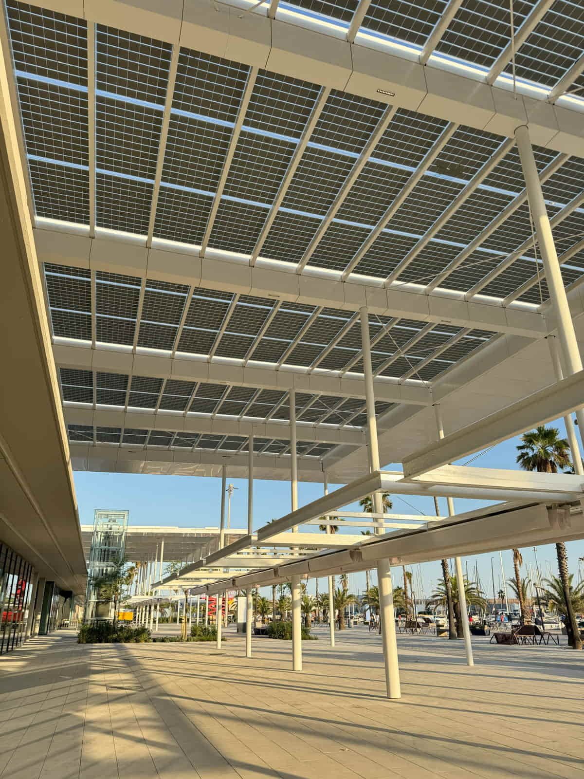 Interior view of Olimpic Port canopy incorporating Crystalline Silicon Photovoltaic Technology Glass by Onyx Solar