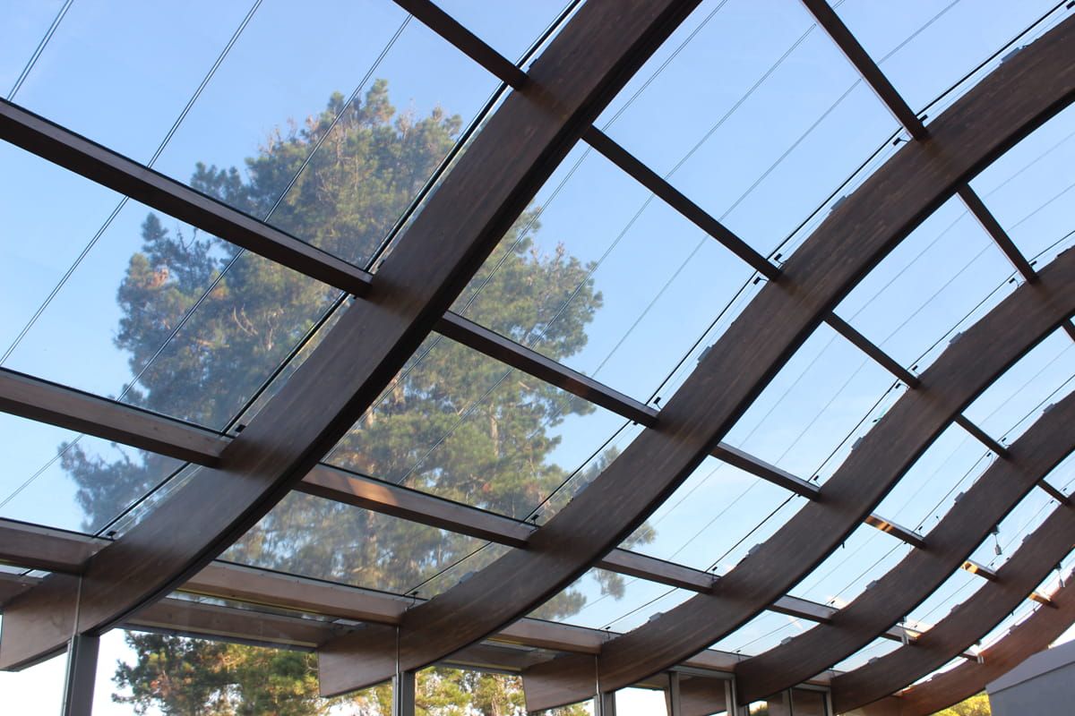 Inside view of Swimming Pool Canopy incorporating Amorphous Silicon Photovoltaic Technology Glass by Onyx Solar