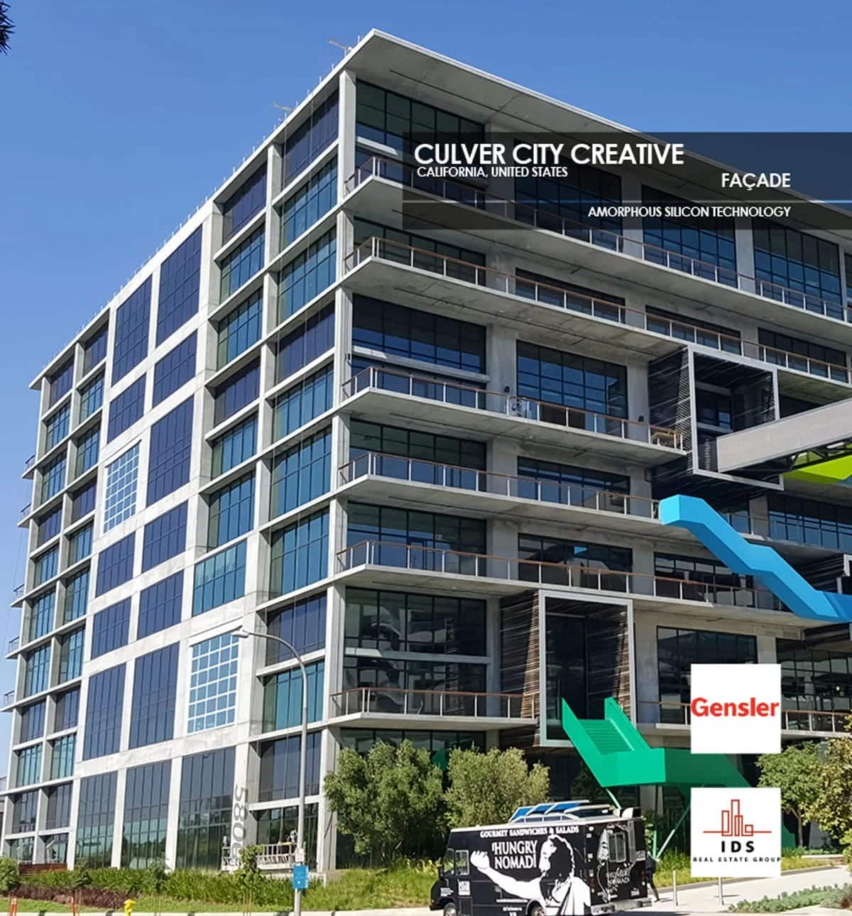 Culver City Creative Façade incorporating Amorphous Silicon Photovoltaic Technology Glass by Onyx Solar